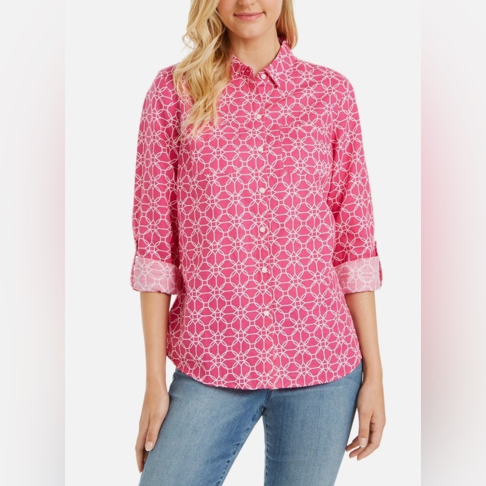 Charter Club Nwt Women's Printed Tab-Sleeve Shirt Size Large, Preppy Pink Cmb)